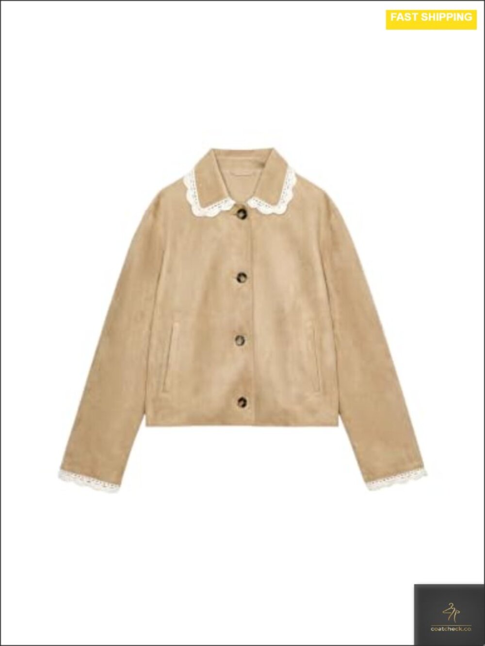 Womens Faux Suede Cropped Jacket Lace Trim Button Down Casual Coat
